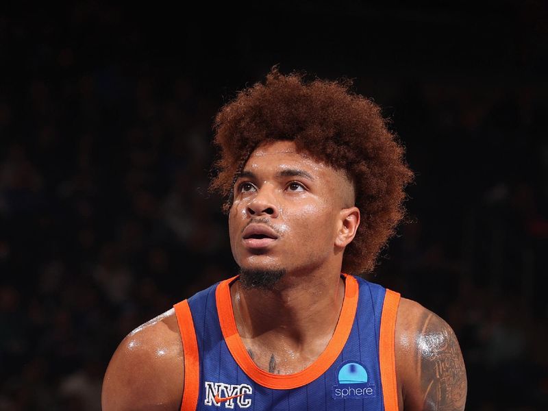 NEW YORK, NY - MARCH 23: Miles McBride #2 of the New York Knicks prepares to shoot a free throw during the game against the Brooklyn Nets on March 23, 2024 at Madison Square Garden in New York City, New York.  NOTE TO USER: User expressly acknowledges and agrees that, by downloading and or using this photograph, User is consenting to the terms and conditions of the Getty Images License Agreement. Mandatory Copyright Notice: Copyright 2024 NBAE  (Photo by Nathaniel S. Butler/NBAE via Getty Images)