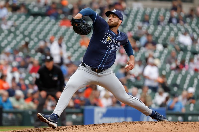 Sep 24, 2024; Detroit, Michigan, USA;  Tampa Bay Rays relief pitcher Colin Poche (38) pitches in the sixth inning against the Detroit Tigers at Comerica Park. Mandatory Credit: Rick Osentoski-Imagn Images