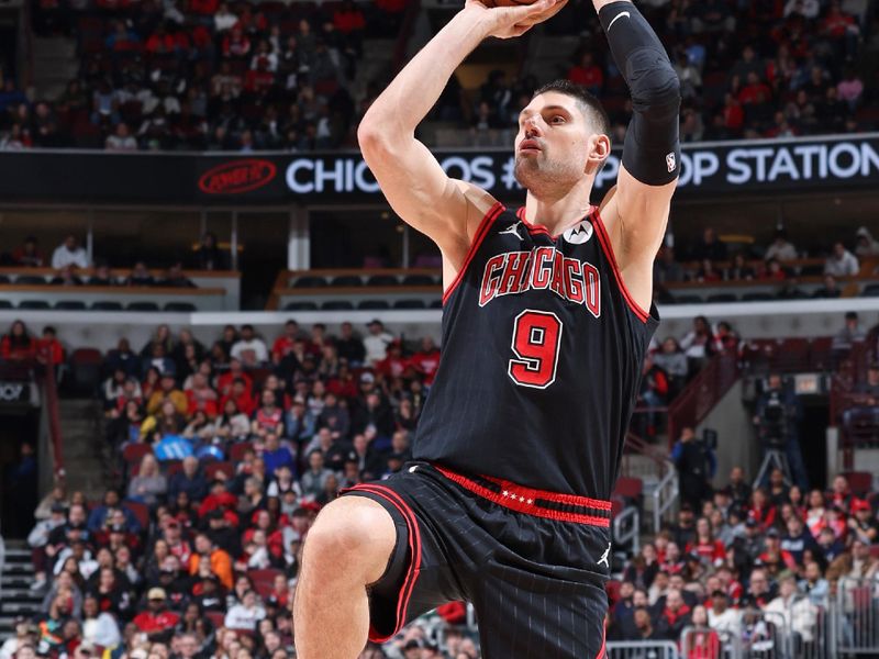 CHICAGO, IL - MARCH 25:  Nikola Vucevic #9 of the Chicago Bulls shoots the ball during the game against the Washington Wizards on March 25, 2024 at United Center in Chicago, Illinois. NOTE TO USER: User expressly acknowledges and agrees that, by downloading and or using this photograph, User is consenting to the terms and conditions of the Getty Images License Agreement. Mandatory Copyright Notice: Copyright 2024 NBAE (Photo by Jeff Haynes/NBAE via Getty Images)