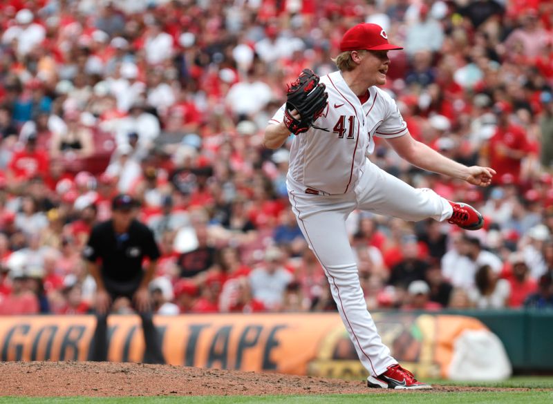 Jul 2, 2023; Cincinnati, Ohio, USA; Cincinnati Reds starting pitcher Andrew Abbott (41) releases a pitch against the San Diego Padres during the eighth inning at Great American Ball Park. Mandatory Credit: David Kohl-USA TODAY Sports