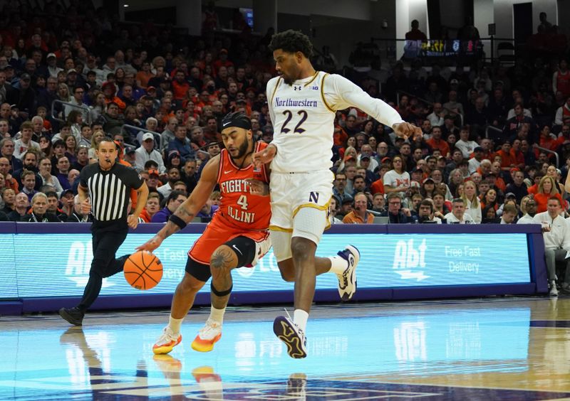Jan 14, 2026; Evanston, Illinois, USA; Northwestern Wildcats forward Arrinten Page (22) defends Illinois Fighting Illini guard Kylan Boswell (4) during the first half at Welsh-Ryan Arena. Mandatory Credit: David Banks-Imagn Images
