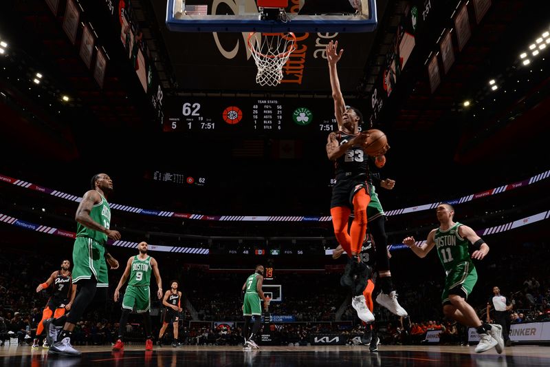 DETROIT, MI - MARCH 22: Jaden Ivey #23 of the Detroit Pistons drives to the basket during the game against the Boston Celtics on March 22, 2024 at Little Caesars Arena in Detroit, Michigan. NOTE TO USER: User expressly acknowledges and agrees that, by downloading and/or using this photograph, User is consenting to the terms and conditions of the Getty Images License Agreement. Mandatory Copyright Notice: Copyright 2024 NBAE (Photo by Chris Schwegler/NBAE via Getty Images)