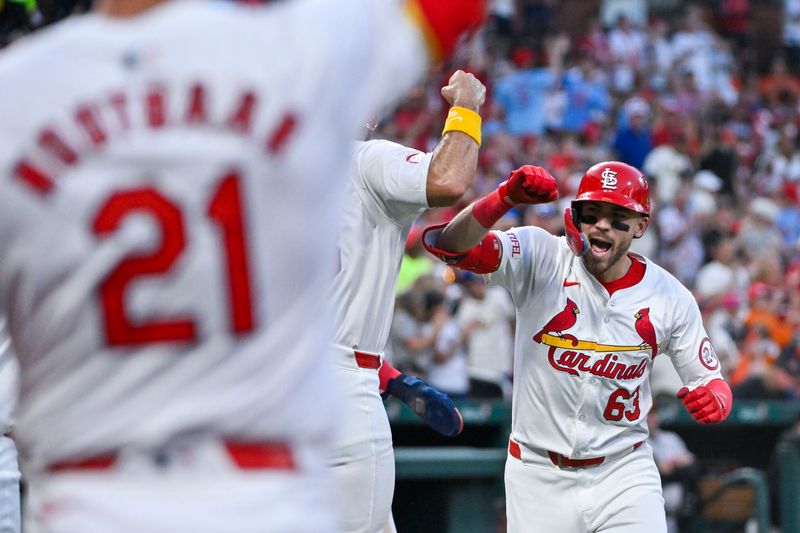 May 20, 2024; St. Louis, Missouri, USA;  St. Louis Cardinals center fielder Michael Siani (63) is congratulated by teammates after hitting a three run home run against the Baltimore Orioles during the fourth inning at Busch Stadium. Mandatory Credit: Jeff Curry-USA TODAY Sports