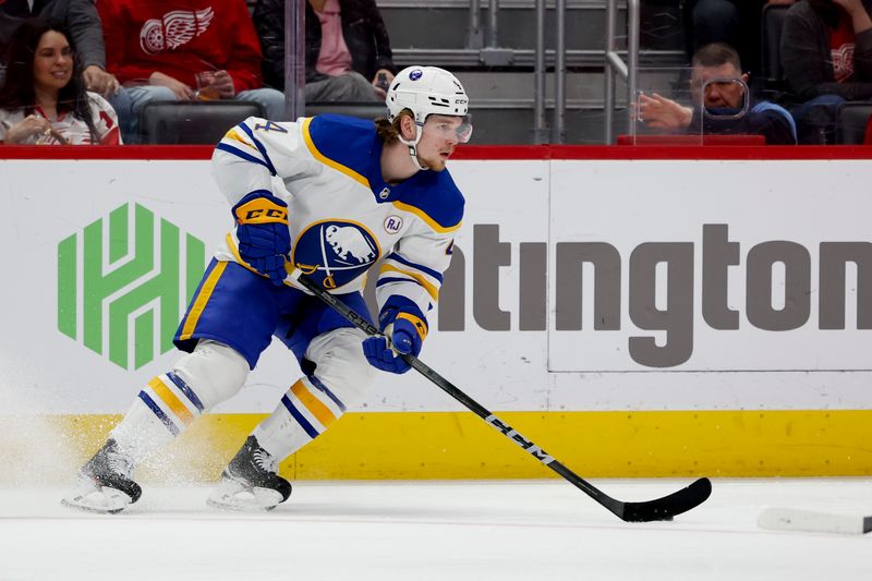 Apr 7, 2024; Detroit, Michigan, USA; Buffalo Sabres defenseman Bowen Byram (4) skates with the puck in the second period against the Detroit Red Wings at Little Caesars Arena. Mandatory Credit: Rick Osentoski-USA TODAY Sports