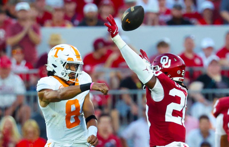 Sep 21, 2024; Norman, Oklahoma, USA; Tennessee Volunteers quarterback Nico Iamaleava (8) throws the ball during the first quarter against the Oklahoma Sooners at Gaylord Family-Oklahoma Memorial Stadium. Mandatory Credit: Kevin Jairaj-Imagn Images