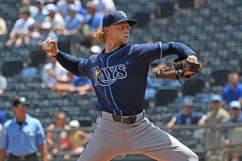 Jun 26, 2025; Kansas City, Missouri, USA;  Tampa Bay Rays starting pitcher Shane Baz (11) throws a pitch in the first inning against the Kansas City Royals at Kauffman Stadium. Mandatory Credit: Peter Aiken-Imagn Images