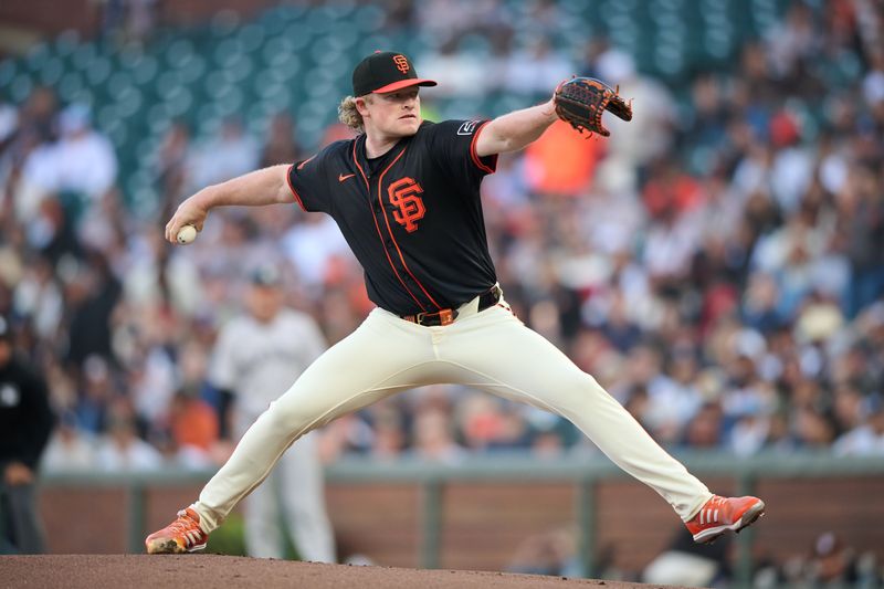 Jun 1, 2024; San Francisco, California, USA; San Francisco Giants pitcher Logan Webb (62) throws a pitch against the New York Yankees during the first inning at Oracle Park. Mandatory Credit: Robert Edwards-USA TODAY Sports