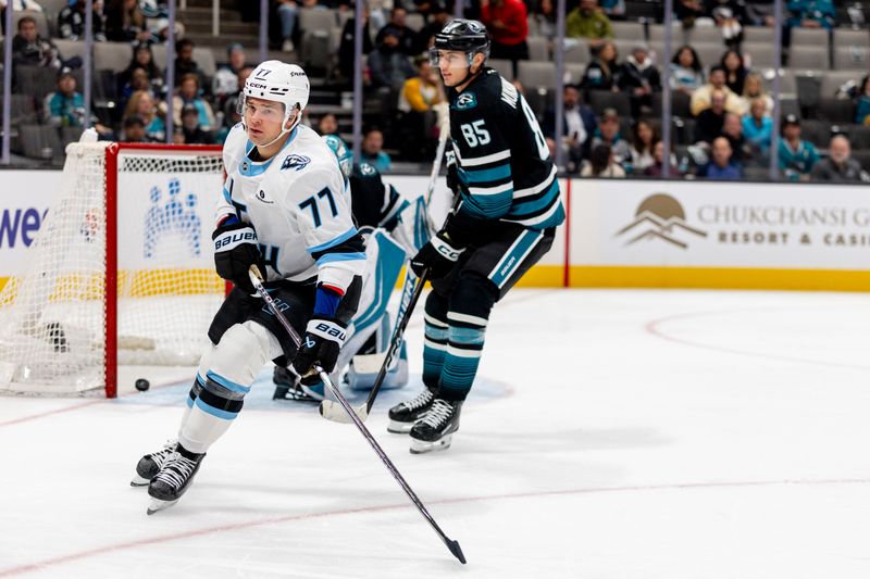 Nov 18, 2025; San Jose, California, USA; Utah Mammoth right wing JJ Peterka (77) scores during the third period against the San Jose Sharks at SAP Center at San Jose. Mandatory Credit: Bob Kupbens-Imagn Images