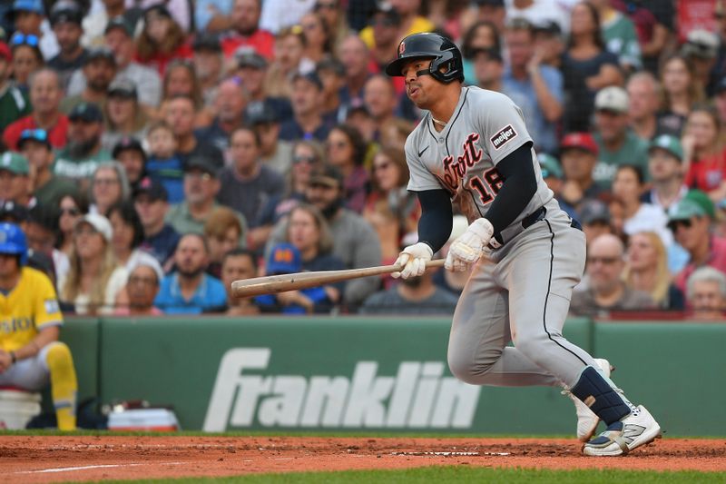 Sep 27, 2025; Boston, Massachusetts, USA; Detroit Tigers designated hitter Jahmai Jones (18) hits an RBI double during the fifth inning against the Boston Red Sox at Fenway Park. Mandatory Credit: Bob DeChiara-Imagn Images