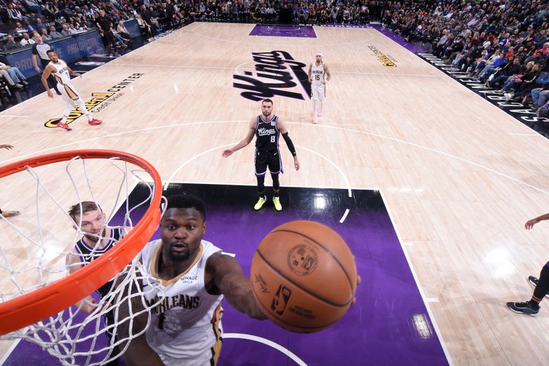 SACRAMENTO, CA - FEBRUARY 8:  Zion Williamson #1 of the New Orleans Pelicans drives to the basket during the game against the Sacramento Kings on February 8, 2025 at Golden 1 Center in Sacramento, California. NOTE TO USER: User expressly acknowledges and agrees that, by downloading and or using this Photograph, user is consenting to the terms and conditions of the Getty Images License Agreement. Mandatory Copyright Notice: Copyright 2025 NBAE (Photo by Rocky Widner/NBAE via Getty Images)