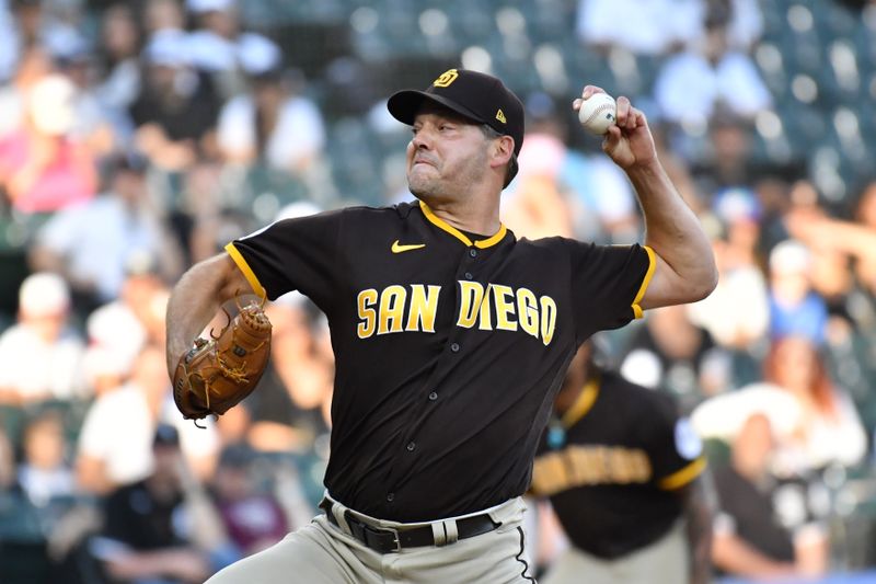 Oct 1, 2023; Chicago, Illinois, USA; San Diego Padres starting pitcher Rich Hill (41) pitches during the tenth inning against the Chicago White Sox at Guaranteed Rate Field. Mandatory Credit: Patrick Gorski-USA TODAY Sports