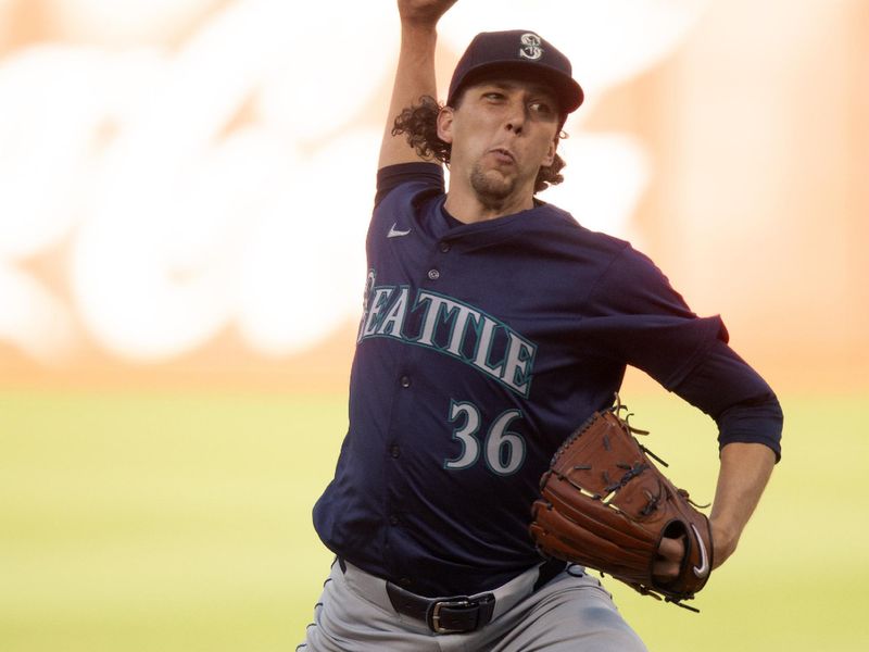 Jun 5, 2024; Oakland, California, USA; Seattle Mariners starting pitcher Logan Gilbert (36) delivers a pitch against the Oakland Athletics during the first inning at Oakland-Alameda County Coliseum. Mandatory Credit: D. Ross Cameron-USA TODAY Sports