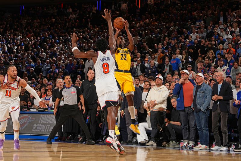 NEW YORK, NY - MAY 21:  Aaron Nesmith #23 of the Indiana Pacers shoots a three point basket during the game against the New York Knicks  during Game 1 of the 2025 Eastern Conference Finals on May 21, 2025 at Madison Square Garden in New York City, New York.  NOTE TO USER: User expressly acknowledges and agrees that, by downloading and or using this photograph, User is consenting to the terms and conditions of the Getty Images License Agreement. Mandatory Copyright Notice: Copyright 2025 NBAE  (Photo by Jesse D. Garrabrant/NBAE via Getty Images)