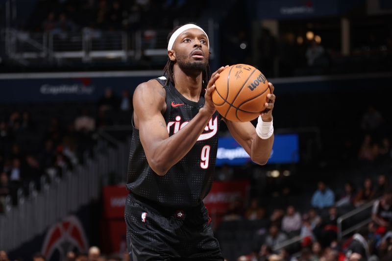 WASHINGTON, DC -? FEBRUARY 26: Jerami Grant #9 of the Portland Trail Blazers shoots a free throw during the game against the Washington Wizards on February 26, 2025 at Capital One Arena in Washington, DC. NOTE TO USER: User expressly acknowledges and agrees that, by downloading and or using this Photograph, user is consenting to the terms and conditions of the Getty Images License Agreement. Mandatory Copyright Notice: Copyright 2025 NBAE (Photo by Kenny Giarla/NBAE via Getty Images)