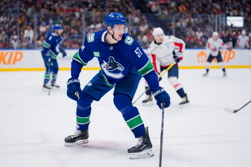 Mar 16, 2024; Vancouver, British Columbia, CAN; Vancouver Canucks defenseman Tyler Myers (57) defends against the Washington Capitals in the second period at Rogers Arena. Mandatory Credit: Bob Frid-USA TODAY Sports