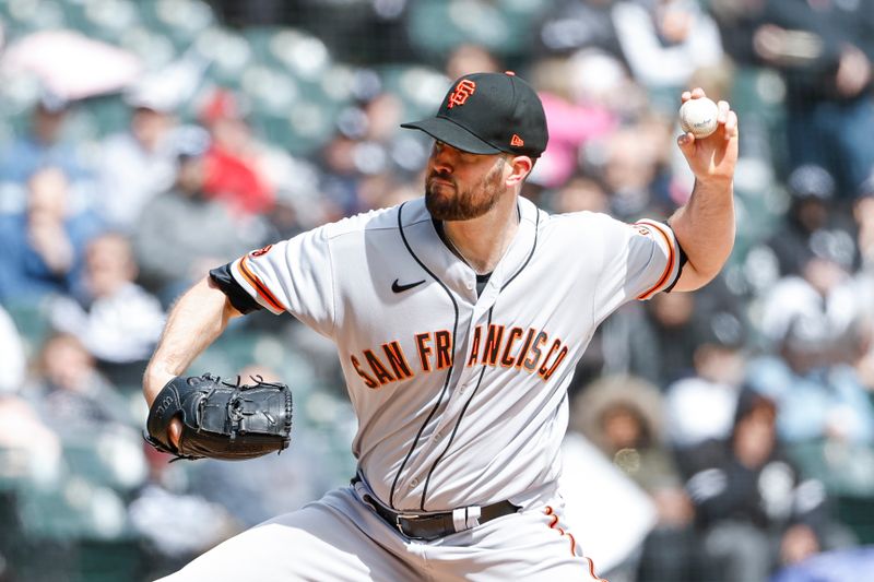 Apr 6, 2023; Chicago, Illinois, USA; San Francisco Giants starting pitcher Alex Wood (57) delivers against the Chicago White Sox during the first inning at Guaranteed Rate Field. Mandatory Credit: Kamil Krzaczynski-USA TODAY Sports