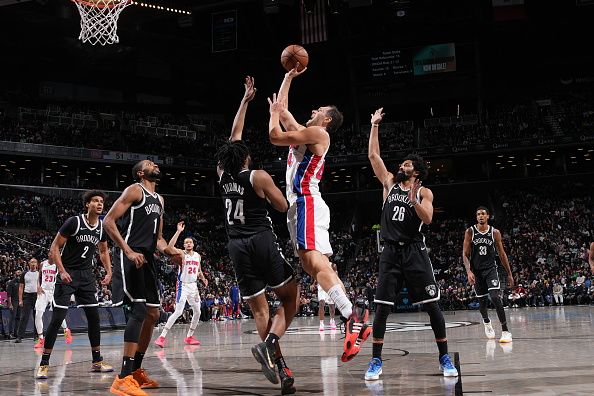 BROOKLYN, NY - DECEMBER 23: Bojan Bogdanovic #44 of the Detroit Pistons drives to the basket during the game against the Brooklyn Nets on December 23, 2023 at Barclays Center in Brooklyn, New York. NOTE TO USER: User expressly acknowledges and agrees that, by downloading and or using this Photograph, user is consenting to the terms and conditions of the Getty Images License Agreement. Mandatory Copyright Notice: Copyright 2023 NBAE (Photo by Jesse D. Garrabrant/NBAE via Getty Images)