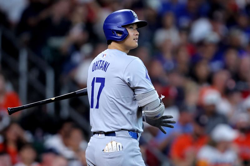 Jul 28, 2024; Houston, Texas, USA; Los Angeles Dodgers designated hitter Shohei Ohtani (17) stands in the batter's box against the Houston Astros during the fifth inning at Minute Maid Park. Mandatory Credit: Erik Williams-USA TODAY Sports