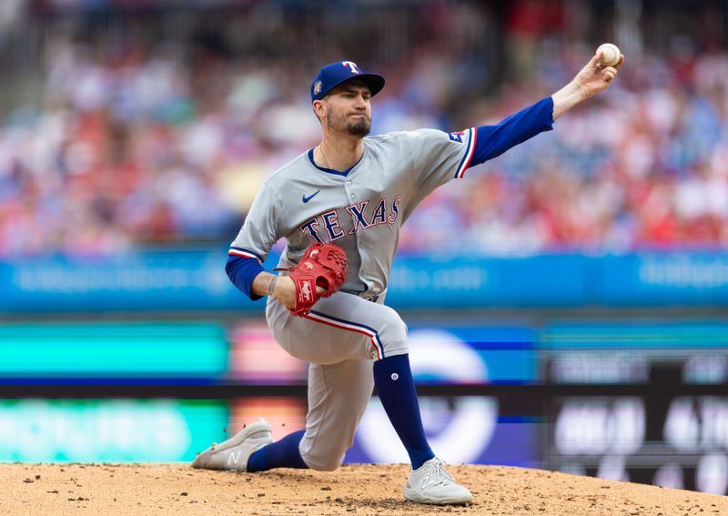 May 23, 2024; Philadelphia, Pennsylvania, USA; Texas Rangers pitcher Andrew Heaney (44) throws a pitch during the second inning against the Philadelphia Phillies at Citizens Bank Park. Mandatory Credit: Bill Streicher-USA TODAY Sports