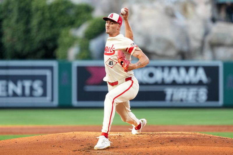 Jun 7, 2025; Anaheim, California, USA; Los Angeles Angels starting pitcher Jack Kochanowicz (41) throws in the second inning against the Seattle Mariners at Angel Stadium. Mandatory Credit: Kirby Lee-Imagn Images