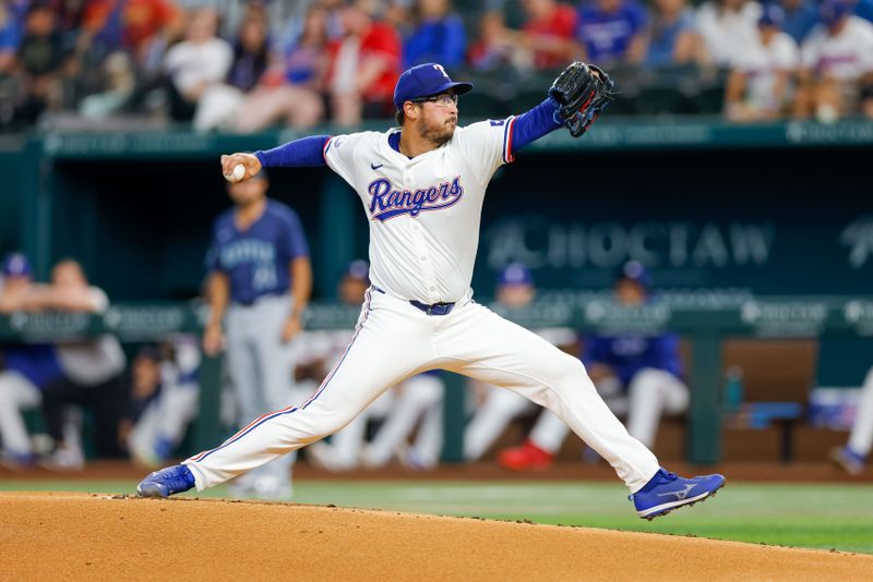 Sep 21, 2024; Arlington, Texas, USA; Texas Rangers pitcher Dane Dunning (33) throws during the first inning against the Seattle Mariners at Globe Life Field. Mandatory Credit: Andrew Dieb-Imagn Images