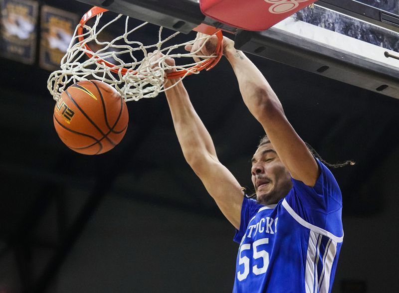 Dec 28, 2022; Columbia, Missouri, USA; Kentucky Wildcats forward Lance Ware (55) dunks the ball during the second half against the Missouri Tigers at Mizzou Arena. Mandatory Credit: Jay Biggerstaff-USA TODAY Sports