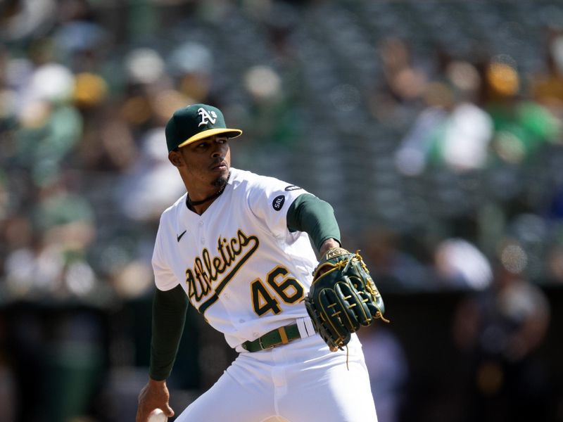 Sep 16, 2023; Oakland, California, USA; Oakland Athletics pitcher Luis Medina (46) pitcher against the San Diego Padres during the second inning at Oakland-Alameda County Coliseum. Mandatory Credit: D. Ross Cameron-USA TODAY Sports