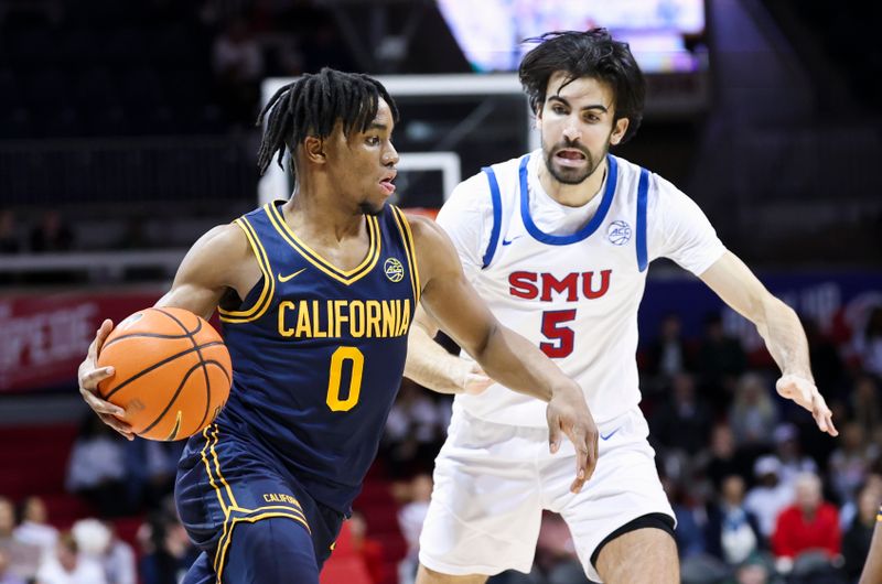 Jan 29, 2025; Dallas, Texas, USA;  California Golden Bears guard Jeremiah Wilkinson (0) controls the ball as Southern Methodist Mustangs forward Tibet Gorener (5) defends during the second half at Moody Coliseum. Mandatory Credit: Kevin Jairaj-Imagn Images