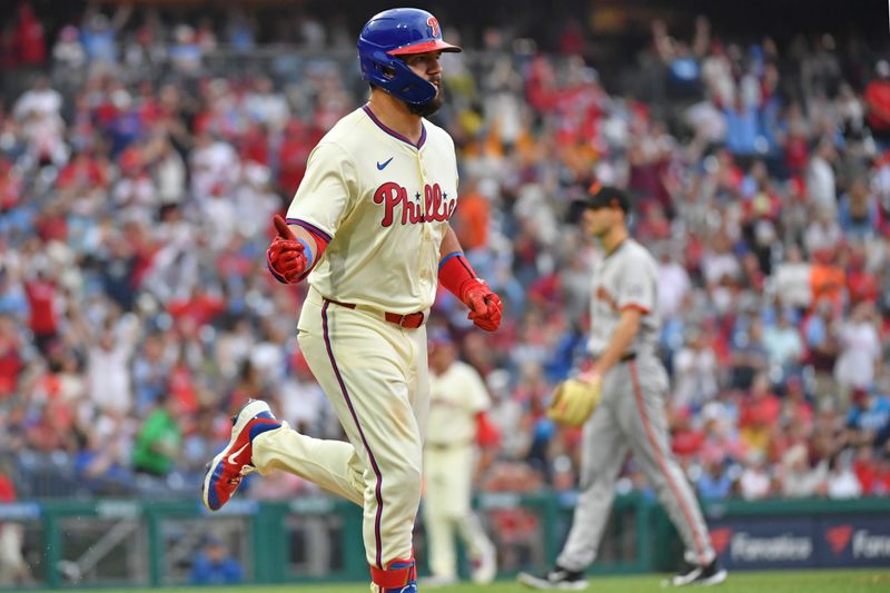 May 6, 2024; Philadelphia, Pennsylvania, USA; Philadelphia Phillies designated hitter Kyle Schwarber (12) celebrates his home run during the eighth inning against the San Francisco Giants at Citizens Bank Park. Mandatory Credit: Eric Hartline-USA TODAY Sports