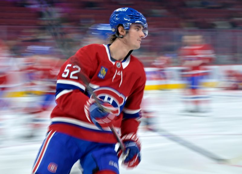 Oct 17, 2024; Montreal, Quebec, CAN; Montreal Canadiens defenseman Justin Barron (52) skates during the warmup period before the game against the Los Angeles Kings at the Bell Centre. Mandatory Credit: Eric Bolte-Imagn Images