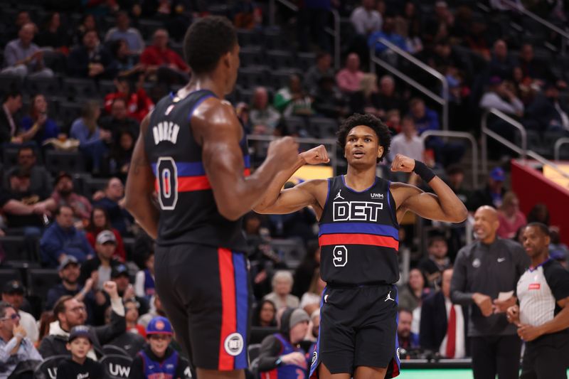 DETROIT, MICHIGAN - MARCH 01: Ausar Thompson #9 of the Detroit Pistons reacts to a basket by Jalen Duren #0 while playing the Cleveland Cavaliers at Little Caesars Arena on March 01, 2024 in Detroit, Michigan. NOTE TO USER: User expressly acknowledges and agrees that, by downloading and or using this photograph, User is consenting to the terms and conditions of the Getty Images License.  (Photo by Gregory Shamus/Getty Images)