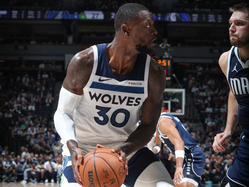 MINNEAPOLIS, MN -  OCTOBER 29: Julius Randle #30 of the Minnesota Timberwolves dribbles the ball during the game against the Dallas Mavericks on October 29, 2024 at Target Center in Minneapolis, Minnesota. NOTE TO USER: User expressly acknowledges and agrees that, by downloading and or using this Photograph, user is consenting to the terms and conditions of the Getty Images License Agreement. Mandatory Copyright Notice: Copyright 2024 NBAE (Photo by David Sherman/NBAE via Getty Images)