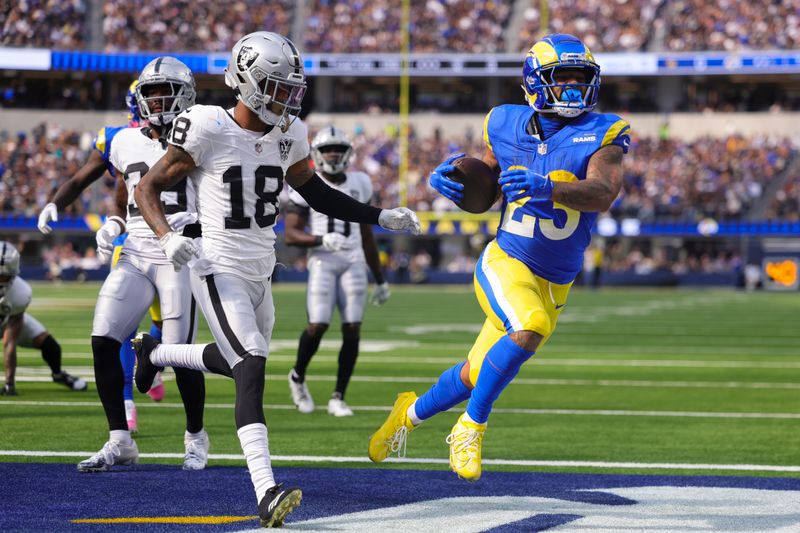 Los Angeles Rams running back Kyren Williams (23) scores a touchdown during the first half of an NFL football game against the Las Vegas Raiders, Sunday, Oct. 20, 2024, in Inglewood, Calif. (AP Photo/Ryan Sun)