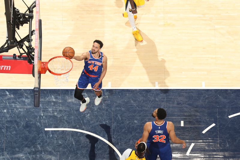 INDIANAPOLIS, IN - MAY 25:  Landry Shamet #44 of the New York Knicks drives to the basket during the game against the Indiana Pacers  during Game 3 of the 2025 Eastern Conference Finals on May 25, 2025 at Gainbridge Fieldhouse in Indianapolis, Indiana. NOTE TO USER: User expressly acknowledges and agrees that, by downloading and or using this Photograph, user is consenting to the terms and conditions of the Getty Images License Agreement. Mandatory Copyright Notice: Copyright 2025 NBAE (Photo by Nathaniel S. Butler/NBAE via Getty Images)