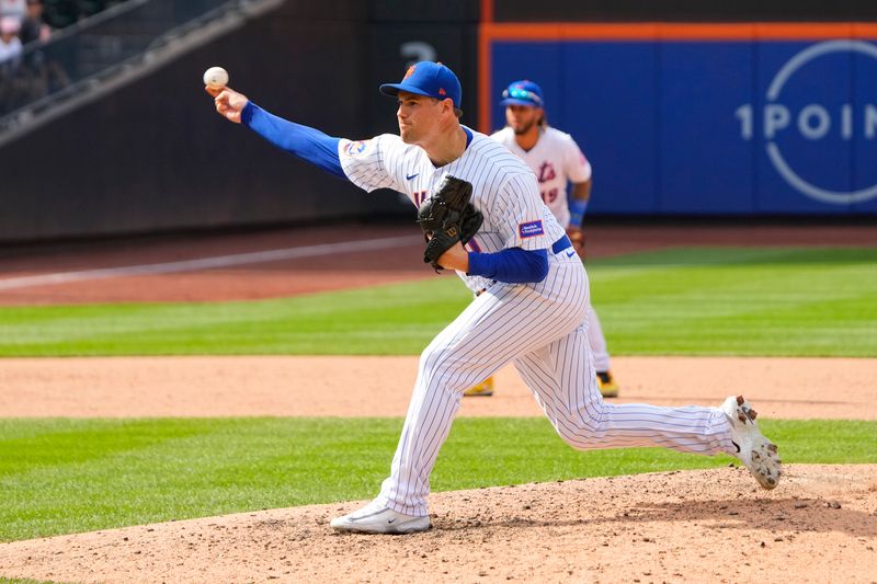 Aug 16, 2023; New York City, New York, USA; New York Mets pitcher Adam Ottavino (0) delivers a pitch against the Pittsburgh Pirates during the ninth inning at Citi Field. Mandatory Credit: Gregory Fisher-USA TODAY Sports