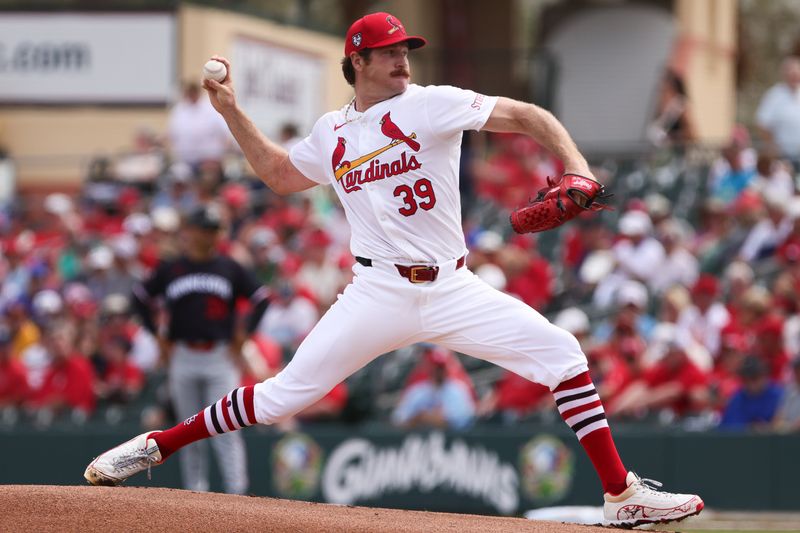 Mar 5, 2024; Jupiter, Florida, USA; St. Louis Cardinals starting pitcher Miles Mikolas (39) delivers a pitch against the Minnesota Twins during the first inning at Roger Dean Chevrolet Stadium. Mandatory Credit: Sam Navarro-USA TODAY Sports