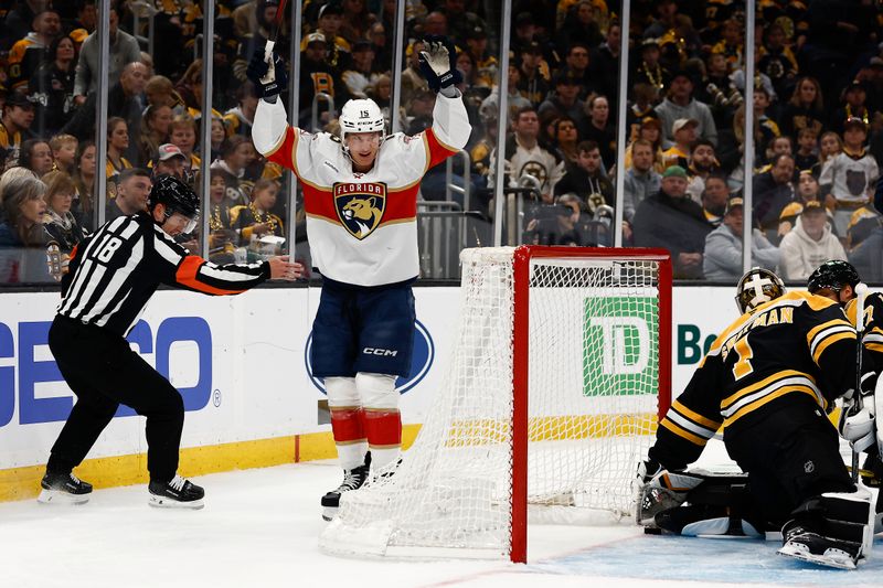 Oct 14, 2024; Boston, Massachusetts, USA; Florida Panthers center Anton Lundell (15) clebrates his goal after  the puck just crossed the goal line under Boston Bruins goaltender Jeremy Swayman (1) during the first period at TD Garden. Mandatory Credit: Winslow Townson-Imagn Images