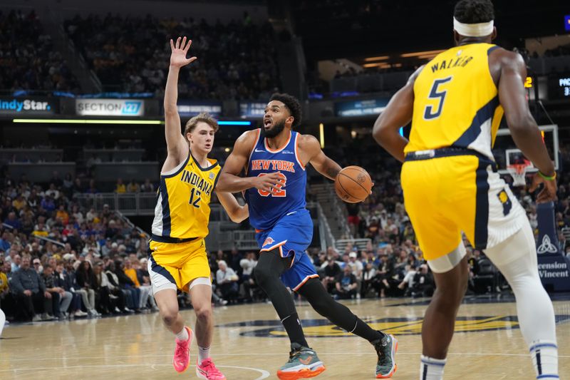 INDIANAPOLIS, IN - NOVEMBER 10: Karl-Anthony Towns #32 of the New York Knicks drives to the basket during the game against the Indiana Pacers on November 10, 2024 at Gainbridge Fieldhouse in Indianapolis, Indiana. NOTE TO USER: User expressly acknowledges and agrees that, by downloading and or using this Photograph, user is consenting to the terms and conditions of the Getty Images License Agreement. Mandatory Copyright Notice: Copyright 2024 NBAE (Photo by A.J. Mast/NBAE via Getty Images)