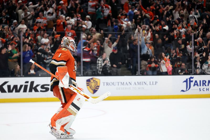 Feb 27, 2026; Anaheim, California, USA;  Anaheim Ducks goaltender Lukas Dostal (1) reacts a game winning goal in the overtime against the Winnipeg Jets at Honda Center. Mandatory Credit: Kiyoshi Mio-Imagn Images