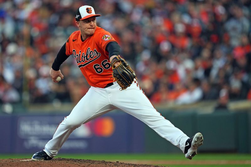 Oct 8, 2023; Baltimore, Maryland, USA; Baltimore Orioles relief pitcher Jacob Webb (66) pitches during the third inning against the Texas Rangers during game two of the ALDS for the 2023 MLB playoffs at Oriole Park at Camden Yards. Mandatory Credit: Mitch Stringer-USA TODAY Sports