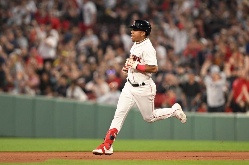 May 31, 2023; Boston, Massachusetts, USA; Boston Red Sox second baseman Enmanuel Valdez (47) runs the bases after hitting a home run against the Cincinnati Reds during the fifth inning at Fenway Park. Mandatory Credit: Brian Fluharty-USA TODAY Sports