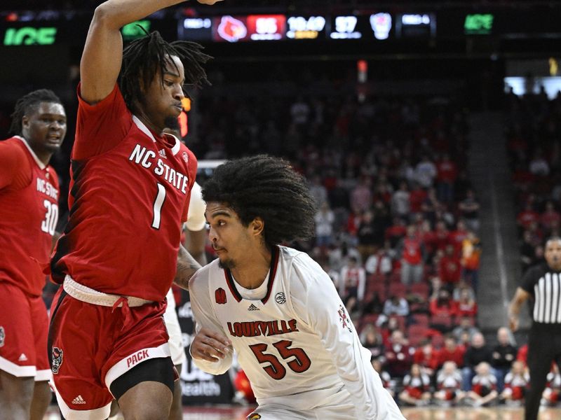 Jan 13, 2024; Louisville, Kentucky, USA;  Louisville Cardinals guard Skyy Clark (55) dribbles against North Carolina State Wolfpack guard Jayden Taylor (1) during the second half at KFC Yum! Center. Mandatory Credit: Jamie Rhodes-USA TODAY Sports