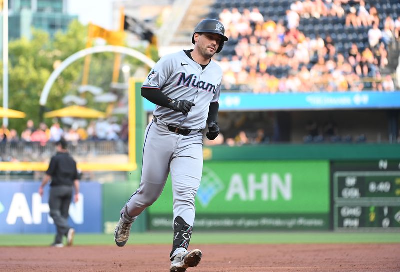 Jun 10, 2025; Pittsburgh, Pennsylvania, USA;  The Miami Marlins Nick Fortes rounds the bases after hitting a two-run homerun against the Pittsburgh Pirates during the third inning at PNC Park. Mandatory Credit: Philip G. Pavely-Imagn Images
