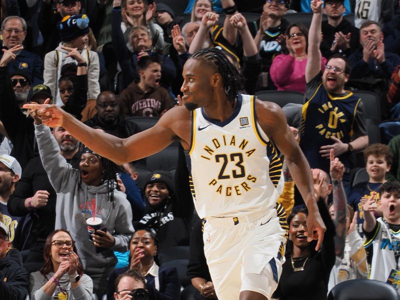 INDIANAPOLIS, IN - FEBRUARY 1: Aaron Nesmith #23 of the Indiana Pacers celebrates during the game against the Atlanta Hawks on February 1, 2025 at Gainbridge Fieldhouse in Indianapolis, Indiana. NOTE TO USER: User expressly acknowledges and agrees that, by downloading and or using this Photograph, user is consenting to the terms and conditions of the Getty Images License Agreement. Mandatory Copyright Notice: Copyright 2025 NBAE (Photo by Ron Hoskins/NBAE via Getty Images)