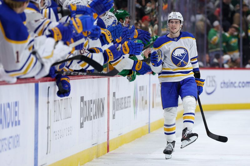 Nov 29, 2025; Saint Paul, Minnesota, USA; Buffalo Sabres right wing Jack Quinn (22) celebrates during a shootout against the Minnesota Wild at Grand Casino Arena. Mandatory Credit: Matt Krohn-Imagn Images