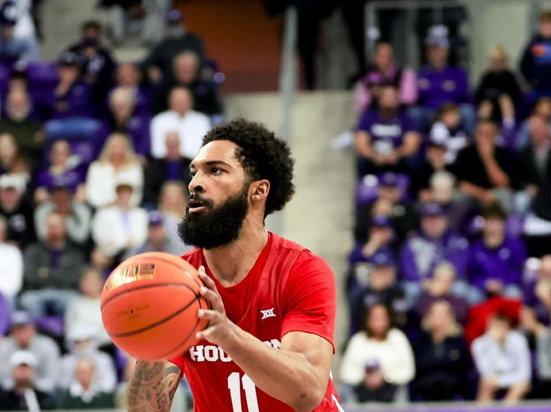 Jan 13, 2024; Fort Worth, Texas, USA; Houston Cougars guard Damian Dunn (11) shoots during the second half against the TCU Horned Frogs at Ed and Rae Schollmaier Arena. Mandatory Credit: Kevin Jairaj-USA TODAY Sports