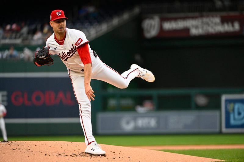 Aug 21, 2025; Washington, District of Columbia, USA; Washington Nationals starting pitcher MacKenzie Gore (1) throws to the New York Mets during the first inning at Nationals Park. Mandatory Credit: Brad Mills-Imagn Images