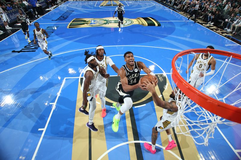 MILWAUKEE, WI - NOVEMBER 22:  Giannis Antetokounmpo #34 of the Milwaukee Bucks drives to the basket during the game against the Indiana Pacers during a Emirates NBA Cup on November 22, 2024 at Fiserv Forum Center in Milwaukee, Wisconsin. NOTE TO USER: User expressly acknowledges and agrees that, by downloading and or using this Photograph, user is consenting to the terms and conditions of the Getty Images License Agreement. Mandatory Copyright Notice: Copyright 2024 NBAE (Photo by Gary Dineen/NBAE via Getty Images).