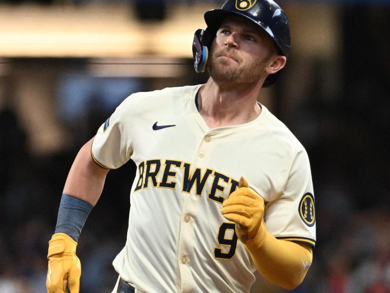 Apr 28, 2024; Milwaukee, Wisconsin, USA; Milwaukee Brewers first base Jake Bauers (9) rounds the bases after hitting a home run against the New York Yankees in the fifth inning at American Family Field. Mandatory Credit: Michael McLoone-USA TODAY Sports