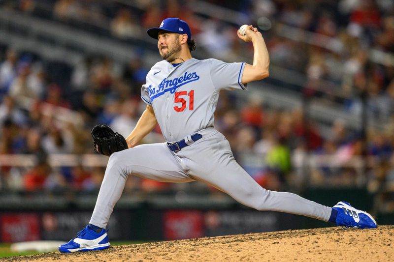 Sep 8, 2023; Washington, District of Columbia, USA; Los Angeles Dodgers relief pitcher Alex Vesia (51) throws a pitch during the fifth inning against the Washington Nationals at Nationals Park. Mandatory Credit: Reggie Hildred-USA TODAY Sports